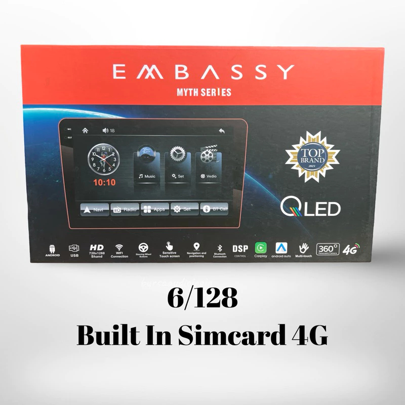 Head Unit Android 9 inch Embassy 6GB+128GB Layar QLED 4G simcard Suport 360