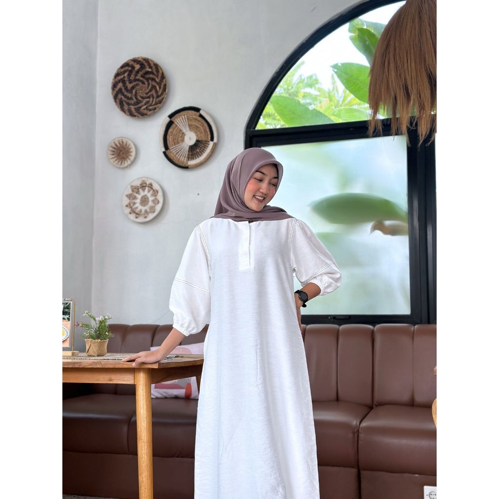 Gamis pendek variasi benang smock motif gamis simpel model terbaru lengan balon