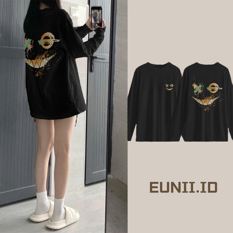 EUNII Kaos wanita lengan panjang longgar motif cetak Korea / Atasan wanita lengan panjang longgar te