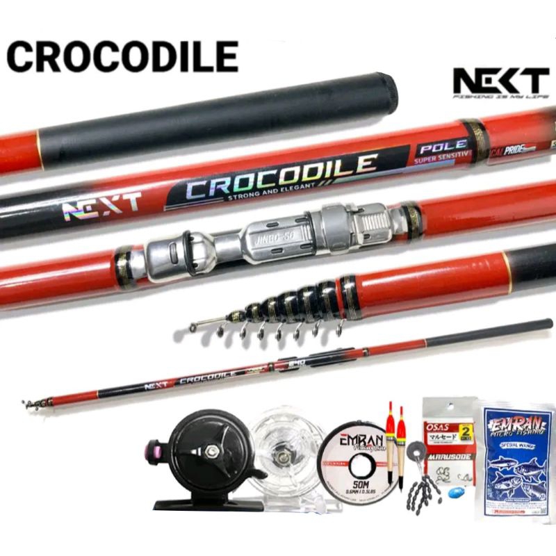 Sepaket joran tegek set kolong NEXT CROCODILE ruas panjang bahan fiber kuat ringan dan Reel tokos FX