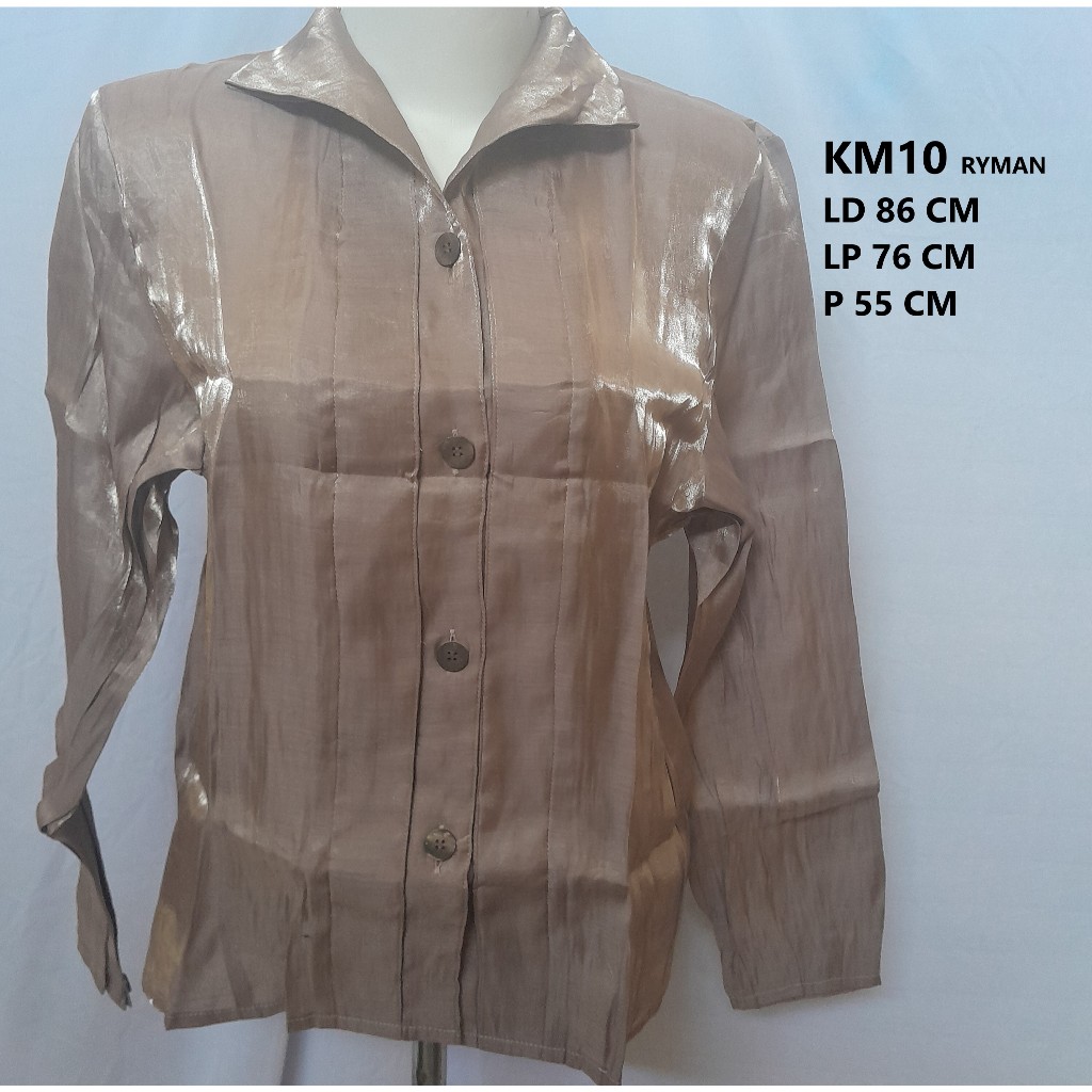 Blouse Wanita Ryman Lengan Panjang KM10 – Kemeja Satin Elegan Warna Coklat Gold