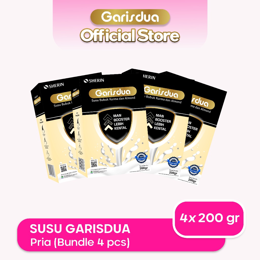 

GARISDUA - 4PCS Susu GarisDua PRIA (4x200gr) - Susu kesuburan Pria, Meningkatkan Kualitas Sperma - Alami | BPOM & Halal MUI