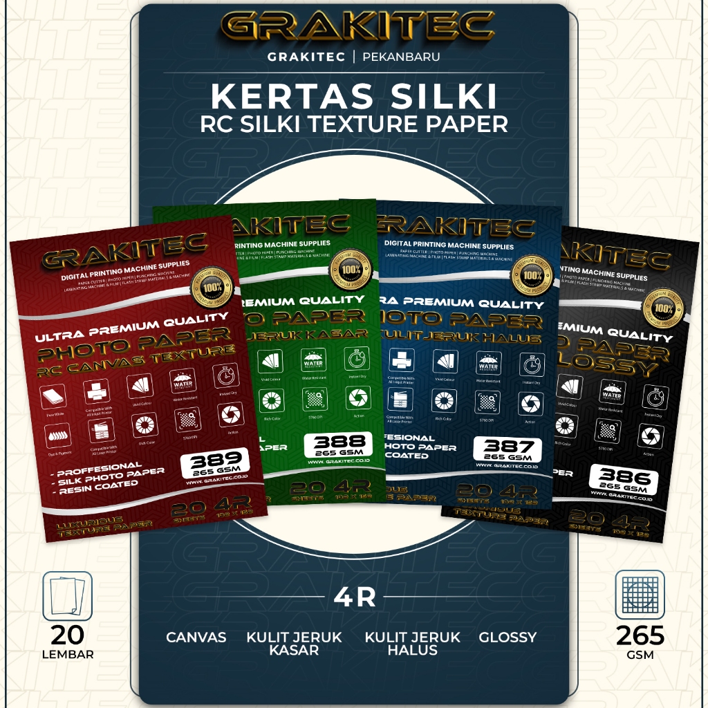 

Kertas Foto Silki Texture 4R 20 Lembar Professional Silki, RC Glossy Photo Paper, Doff Halus, Canvas, Doff Kasar / Luster Resin Coated pku