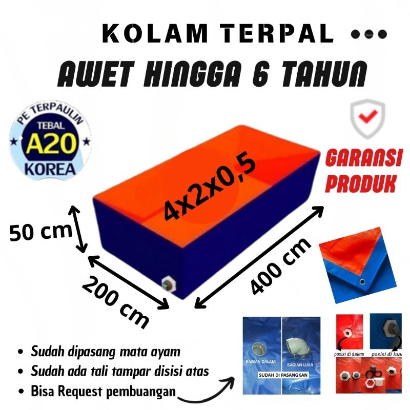 Terpal Kolam Murah Terpal Ikan Kotak 400x200x50 / 4x2x0,5 Bahan Bucheon Hit Korea A20 Termurah Budid