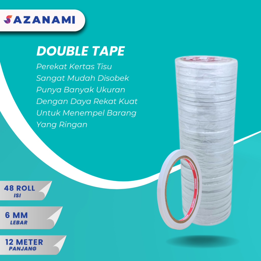 

HJK 1 PACK DOUBLE TAPE 6MM x 12 METER DOUBLETAPE KERTAS PUTIH SAZANAMI ISI 48ROLL