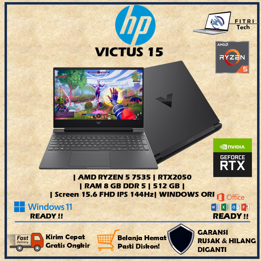 HP VICTUS 15 | AMD RYZEN 7 7535 | NVIDIA RTX2050 4GB | RAM 8GB | ROM 512GB SSD | WINDOWS 11 | 15.6FH