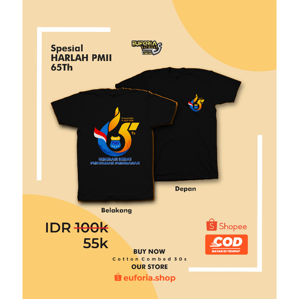 Kaos Harlah PMII 65 /Kaos PMII /Cotton Combed 30S/ Kaos Distro/ Atasan T-Shirt