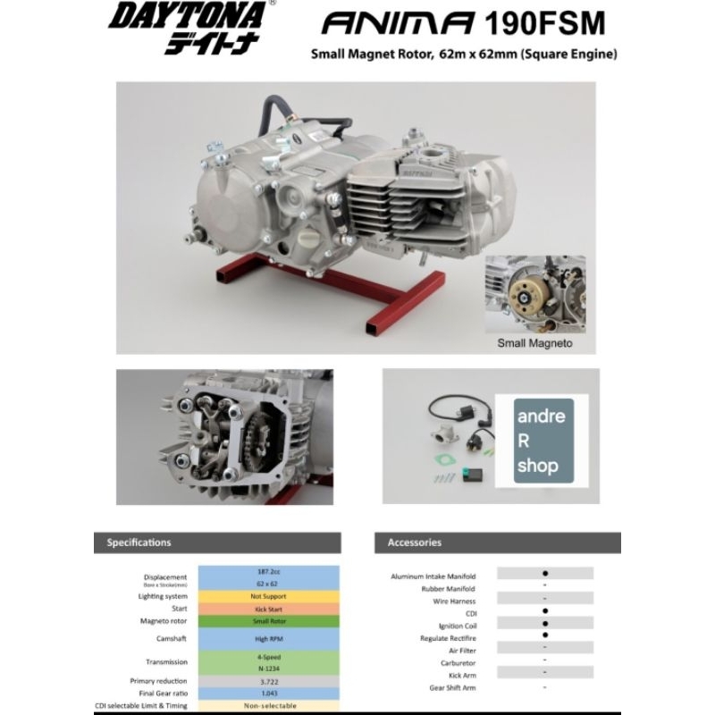 MESIN DAYTONA ANIMA 190CC FSM JAPAN ORIGINAL PNP RANGKA WIN GORILA GRAND SUPRA
