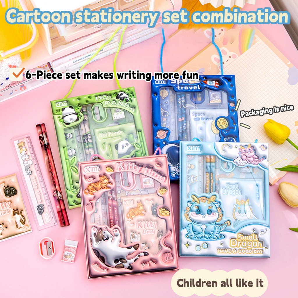 

[COD] 6 Pcs Set Alat Tulis Set Kartun Lucu Set Pensil Rautan Penghapus Buku catatan Untuk anak -anak perempuan hadiah anak laki -laki