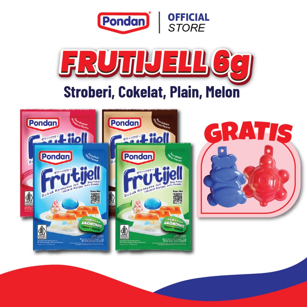 

(GRATIS CETAKAN) Pondan Frutijell 6g Strawberry, Cokelat, Melon, Plain