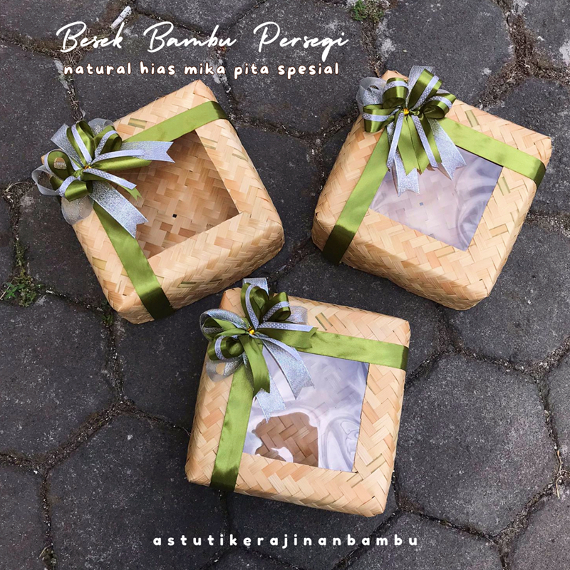 Besek Bambu Persegi Untuk Makanan Natural Mika Pita Aneka Ukuran/Besek Hantaran Bambu Wadah Bambu Jo