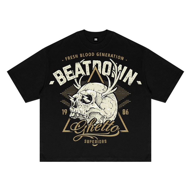 Kaos Hitam BEATDOWN - Desain Tengkorak Tanduk Rusa FRESH BLOOD Streetwear Retro Keren