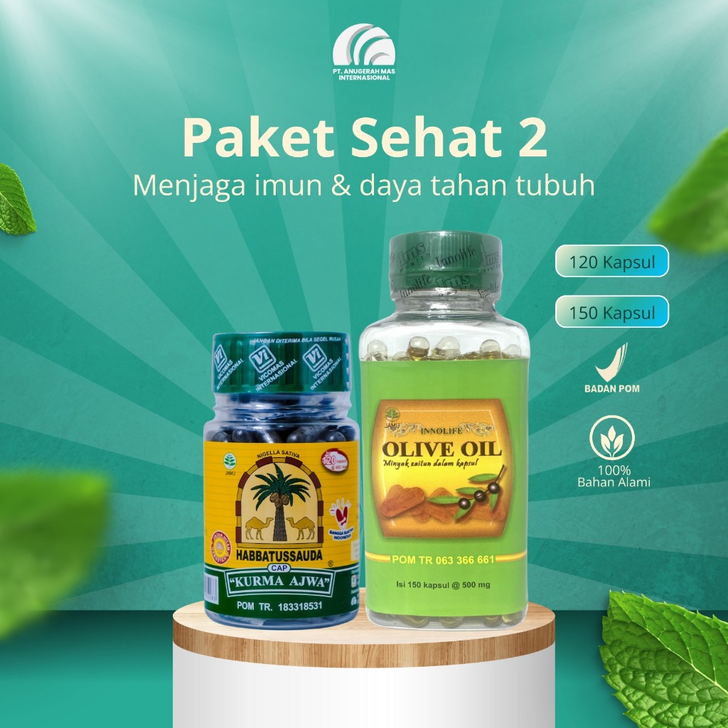 CAP KURMA AJWA - PAKET SEHAT 2- HABBATUSSAUDA CAP KURMA AJWA 120 DAN OLIVE OIL 150 KAPSUL - IMUN & K