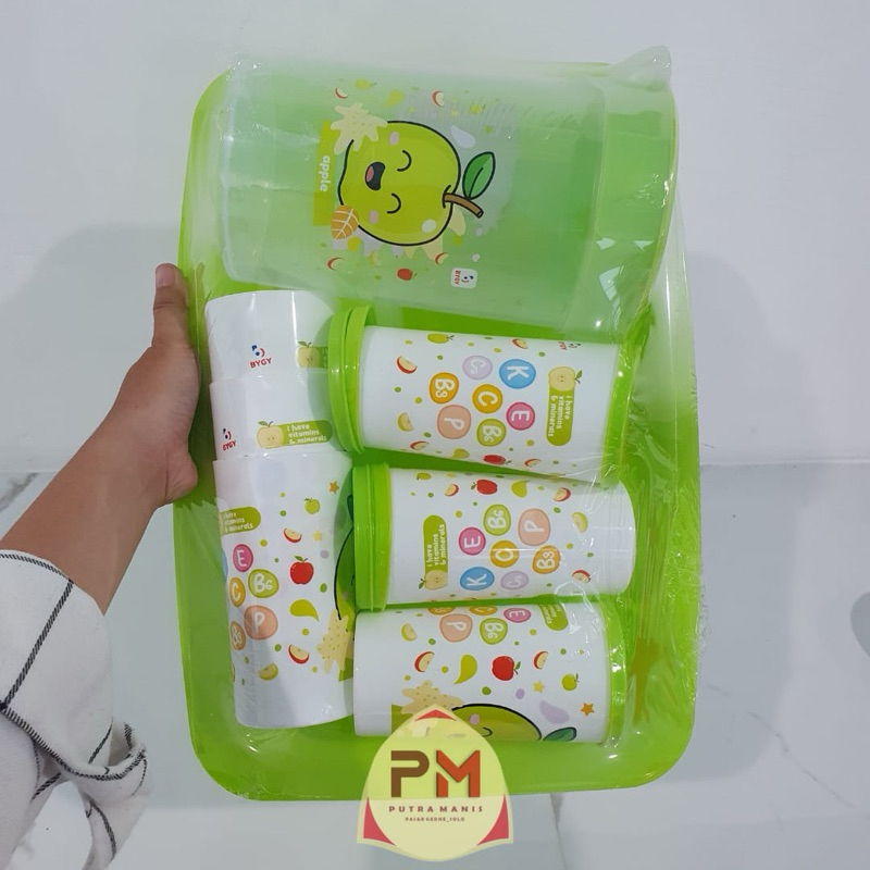 SET TEKO GELAS TUTUP + NAMPAN PLASTIK | SET TEKO DAN GELAS PLASTIK BIGGY FRUITAMIN 8PCS