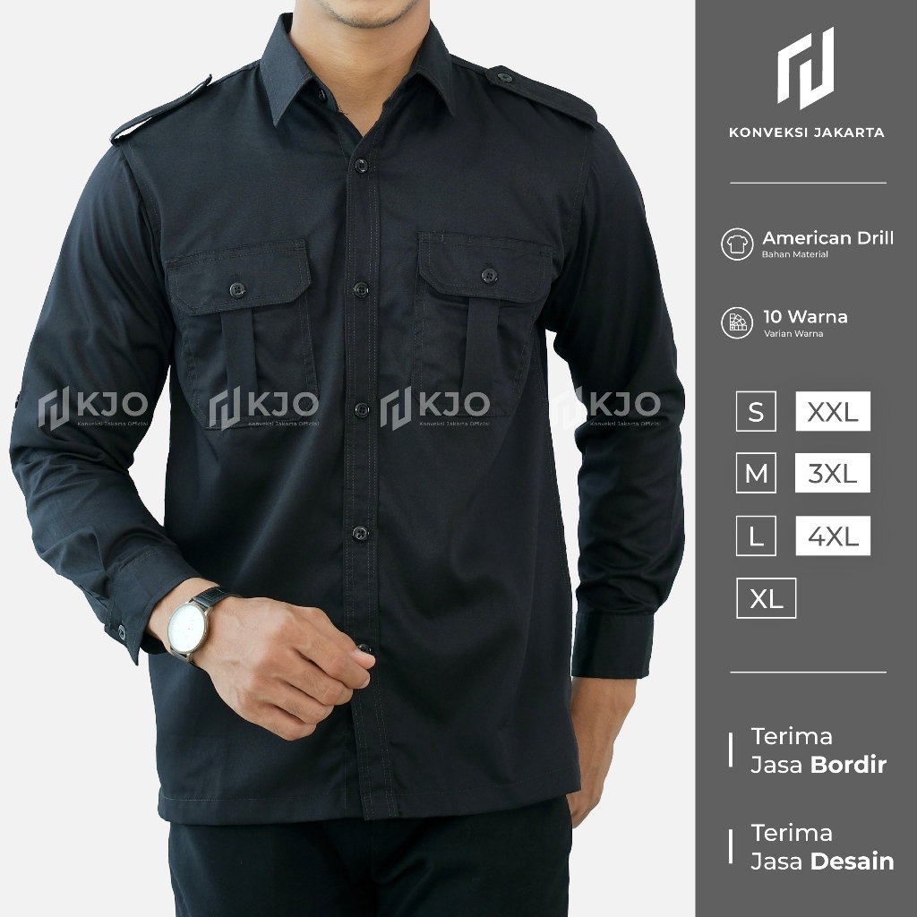 Baju Kemeja PDL Lengan Panjang Pria - Seragam Pakaian Kerja Dinas Lapangan Outdoor Gunung Warna Hita