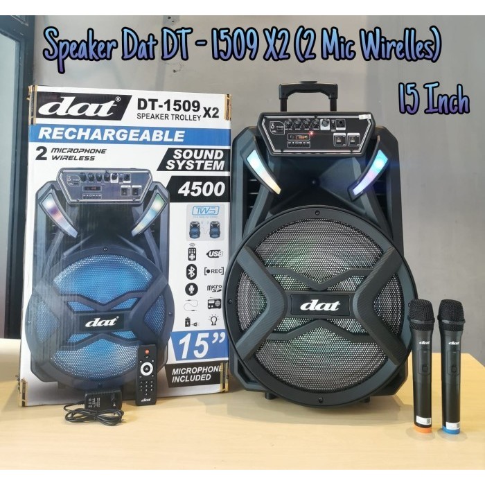 Dat Speaker Trolley DT-1509 X2 Microphone Wireless / Speaker Dat 15 inch free mic wireless