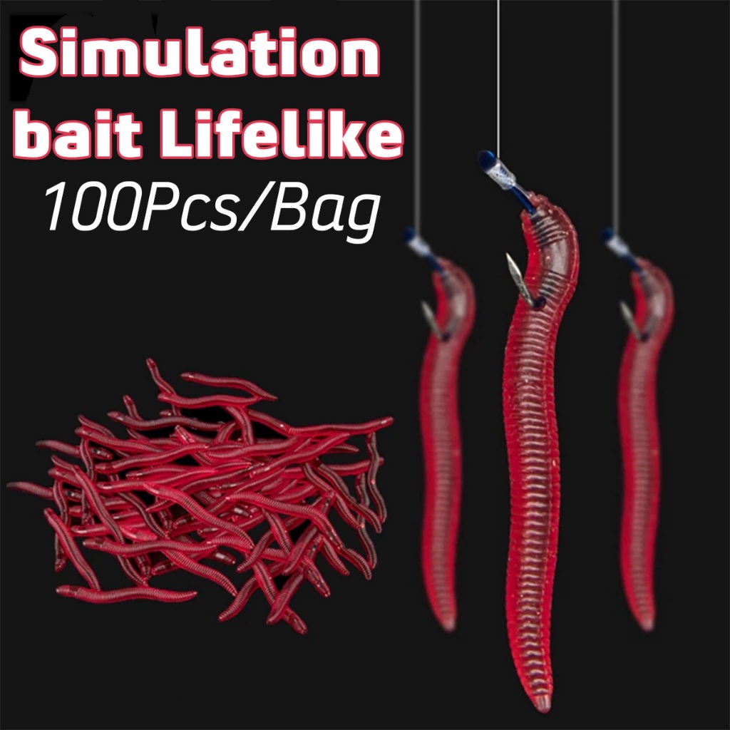 100pcs Umpan Cacing Buatan Umpan pancing cacing merah fishing worm soft lure