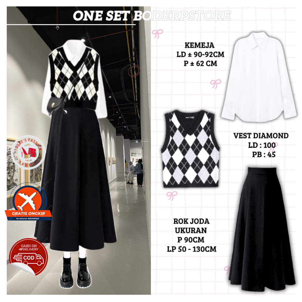 Baju OneSet Wanita Korean Dress Well (Vest Rajut Kemeja Rok Hitam) OOTD Kekinian Knit Hijab