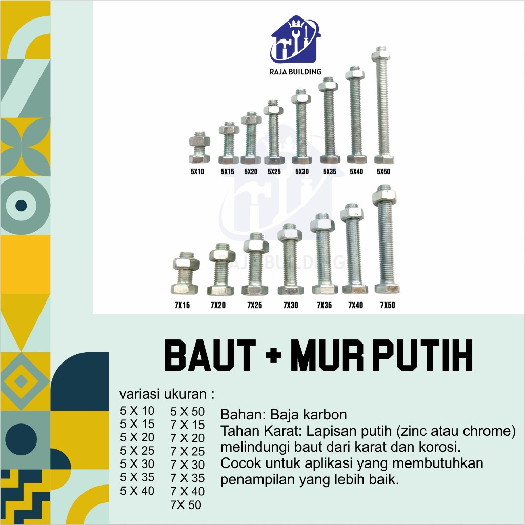 BAUT MUR PUTIH/BAUT/MUR/SEKRUP/BAUT MUR SET