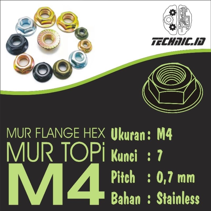 Mur Flange Hexagonal m4, mur flange hex m4, mur topi m4, mur Flange Hexagonal kunci 7,  mur flange h