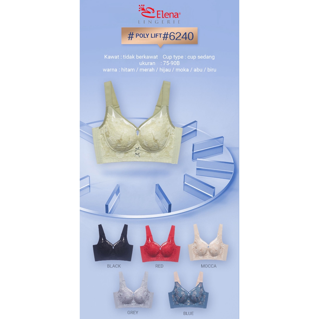 Elena E 86240 Bra Push Up Renda Tanpa Kawat Brokat Busa Tebal Cup B Kait 4 Bh Wanita 36B - 40B