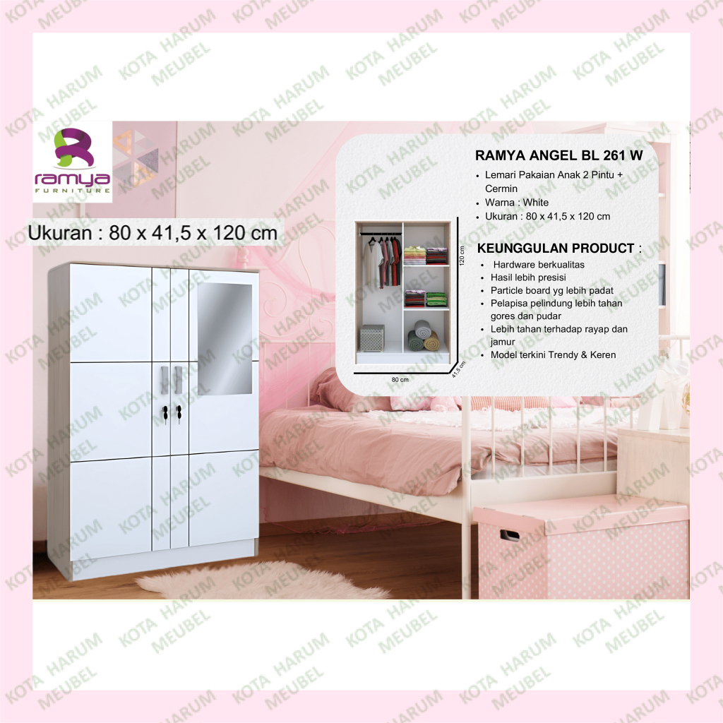 lemari baju kayu pendek tinggi 120 cm pakai kaca cermin putih krem coklat ramya angel bl 261 w murah