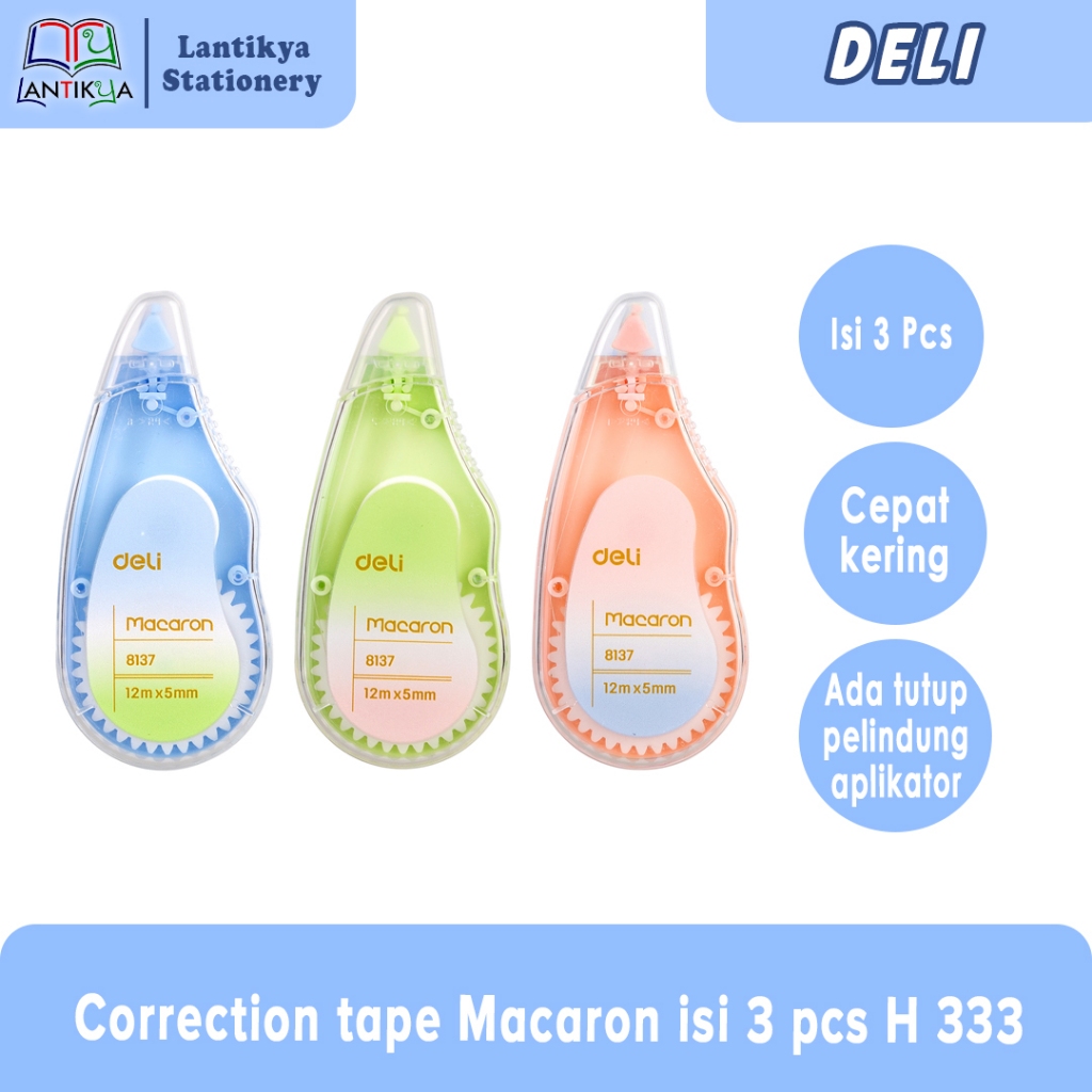 

Correction Tape 12m x 5mm 3Pcs H 333 DELI / Tipe X Isi 3 Pcs / Correction Tape Kertas