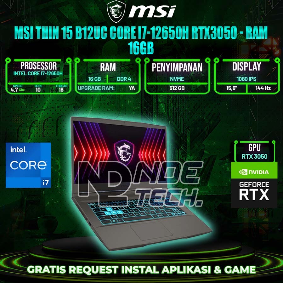 MSI Thin 15 B12UC Core i7-12650H RTX3050