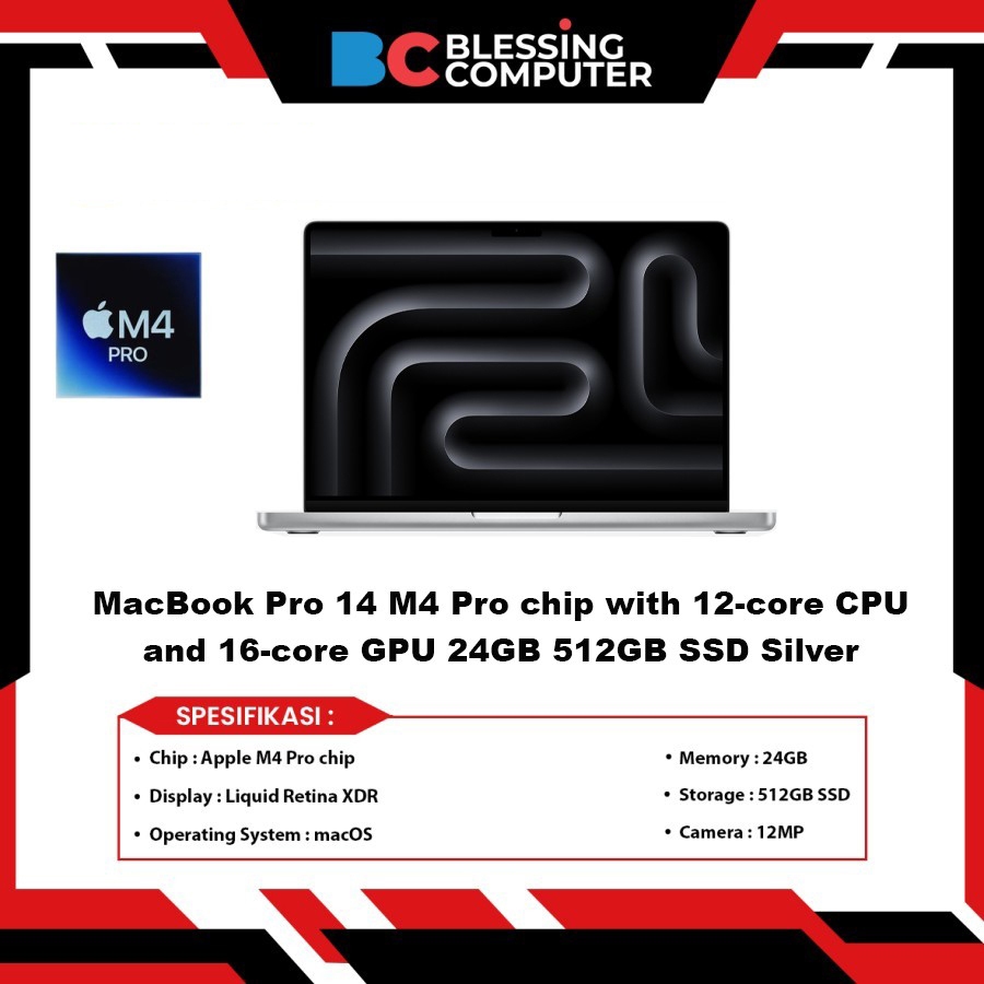 MacBook Pro 14 M4 Pro chip with 12-core CPU and 16-core GPU 24GB 512GB SSD Silver MX2E3ID/A