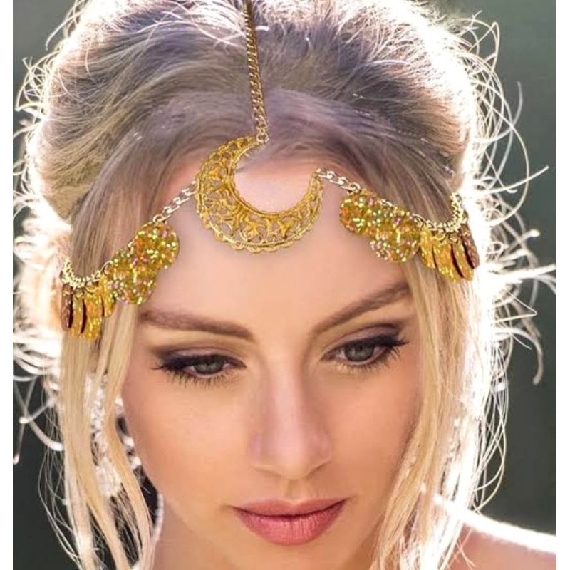 Hiasan Kepala Bulan Piringan Emas Hiasan India Emas