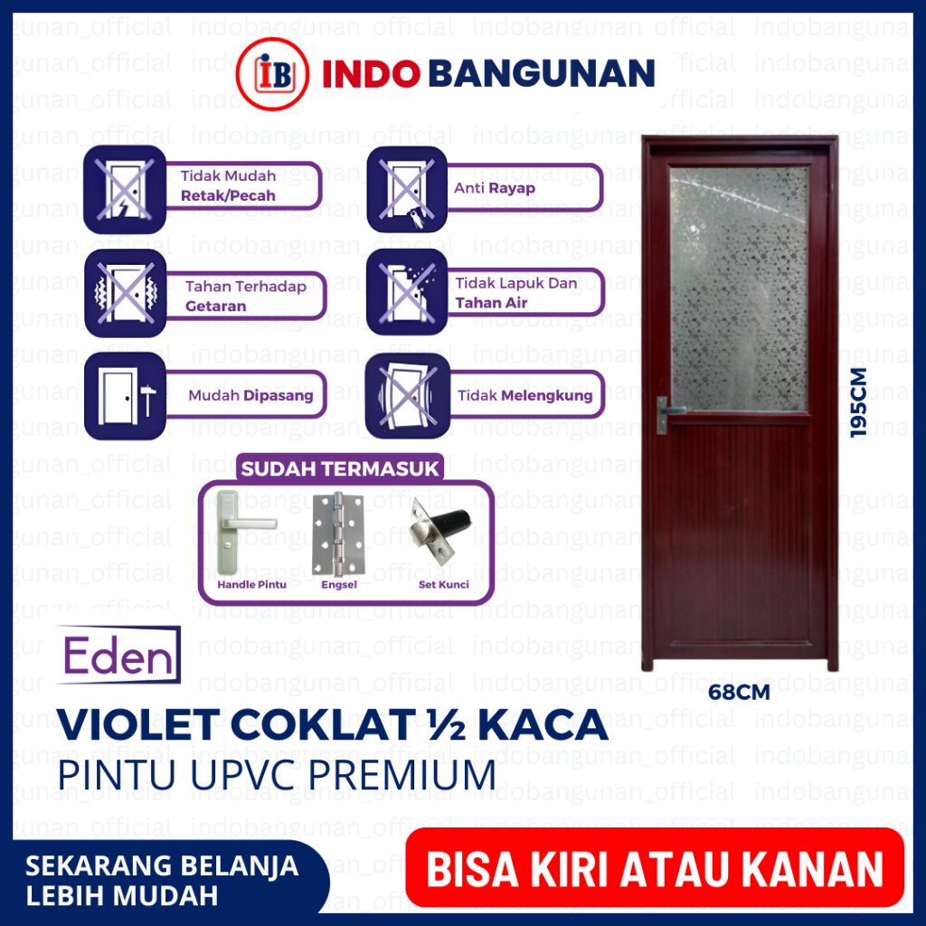 PINTU KAMAR MANDI WC 1/2 KACA ALUMUNIUM KUAT TAHAN CUACA 65X198 EDEN VIOLET COKLAT
