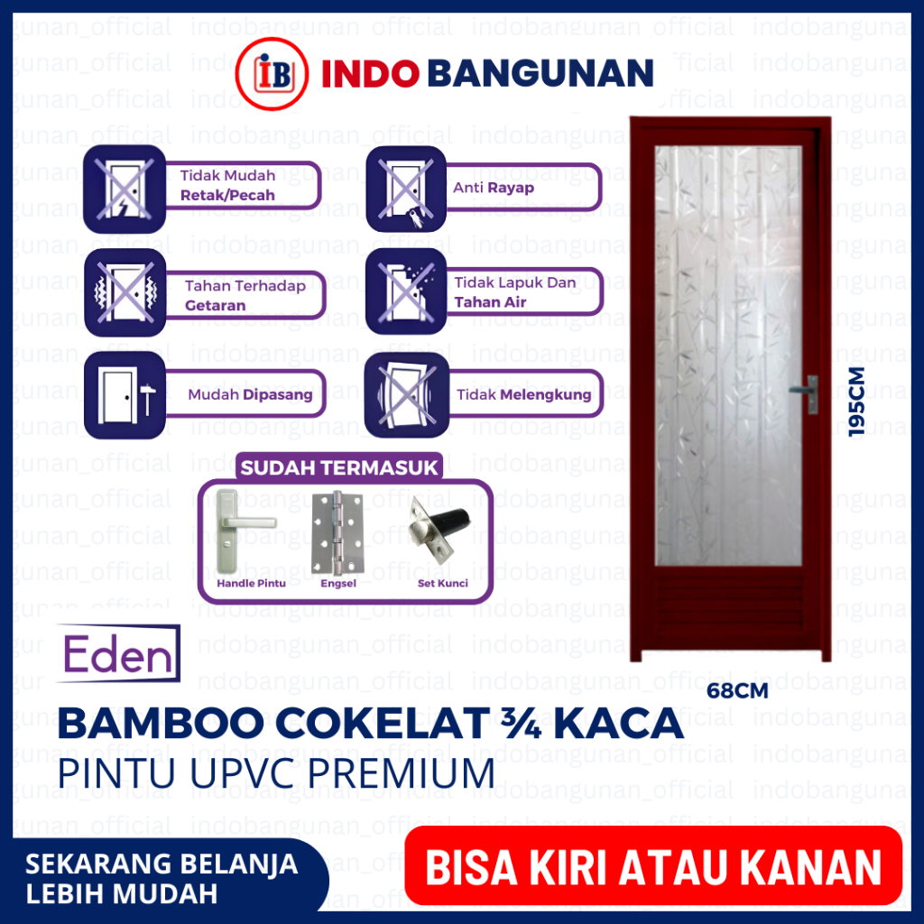 PINTU KAMAR MANDI WC 3/4 KACA ALUMUNIUM KUAT TAHAN CUACA 65X198 EDEN BAMBOO COKLAT
