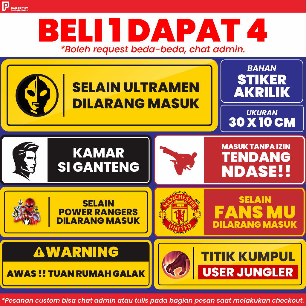 [1 PAKET ISI 4] AKRILIK DAN STIKER SIGN BOARD SELAIN ULTRAMAN DILARANG MASUK, KAMAR SI GANTENG, TITI