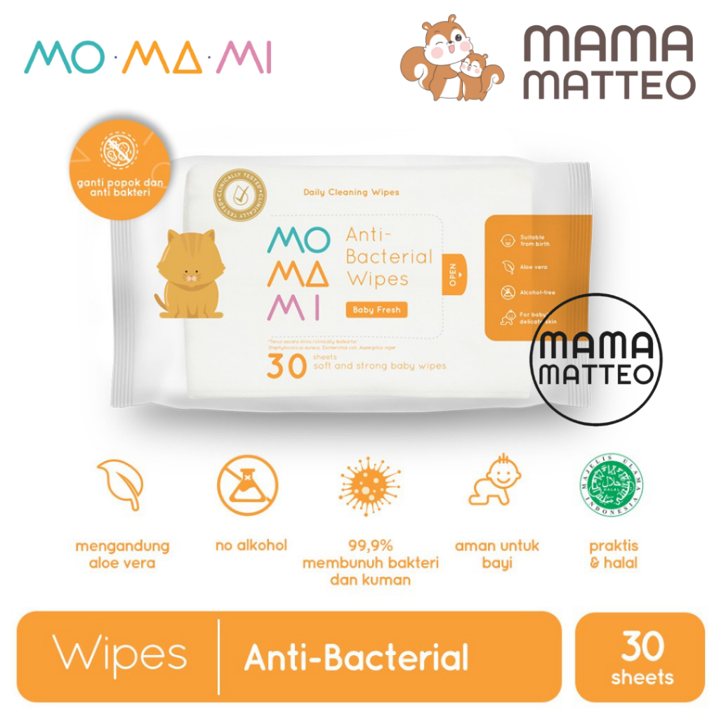 MOMAMI Baby Antibacterial Wipes 30 sheets / Tisu Tissue Basah Bayi Anti Bakteri Anti Alkohol size ke