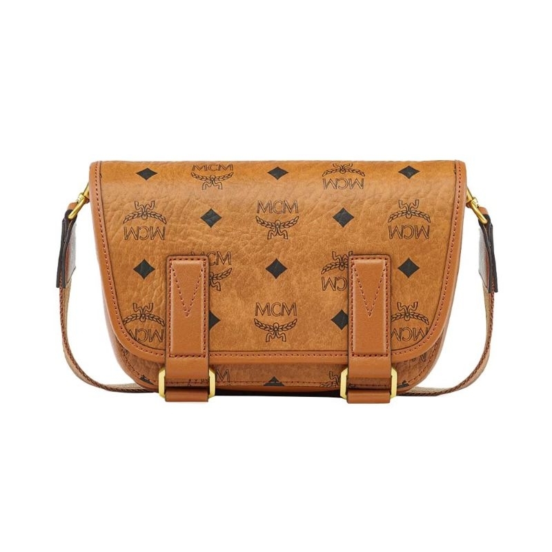 MCM Mini Aren Visetos Monogram Messenger Bag Cognac