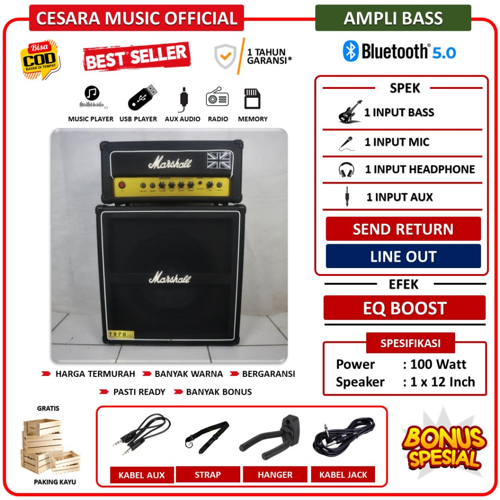 Ampli Bass & Gitar 12 Inch Bluetooth bisa untuk karaoke 3 Input Marshall Head Cabinet bergaransi