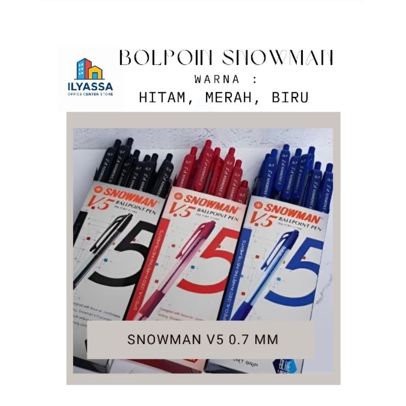

Bolpoin Snowman V5 (0.7mm) Warna Hitam Merah & Biru 1 Lusin isi 12pcs