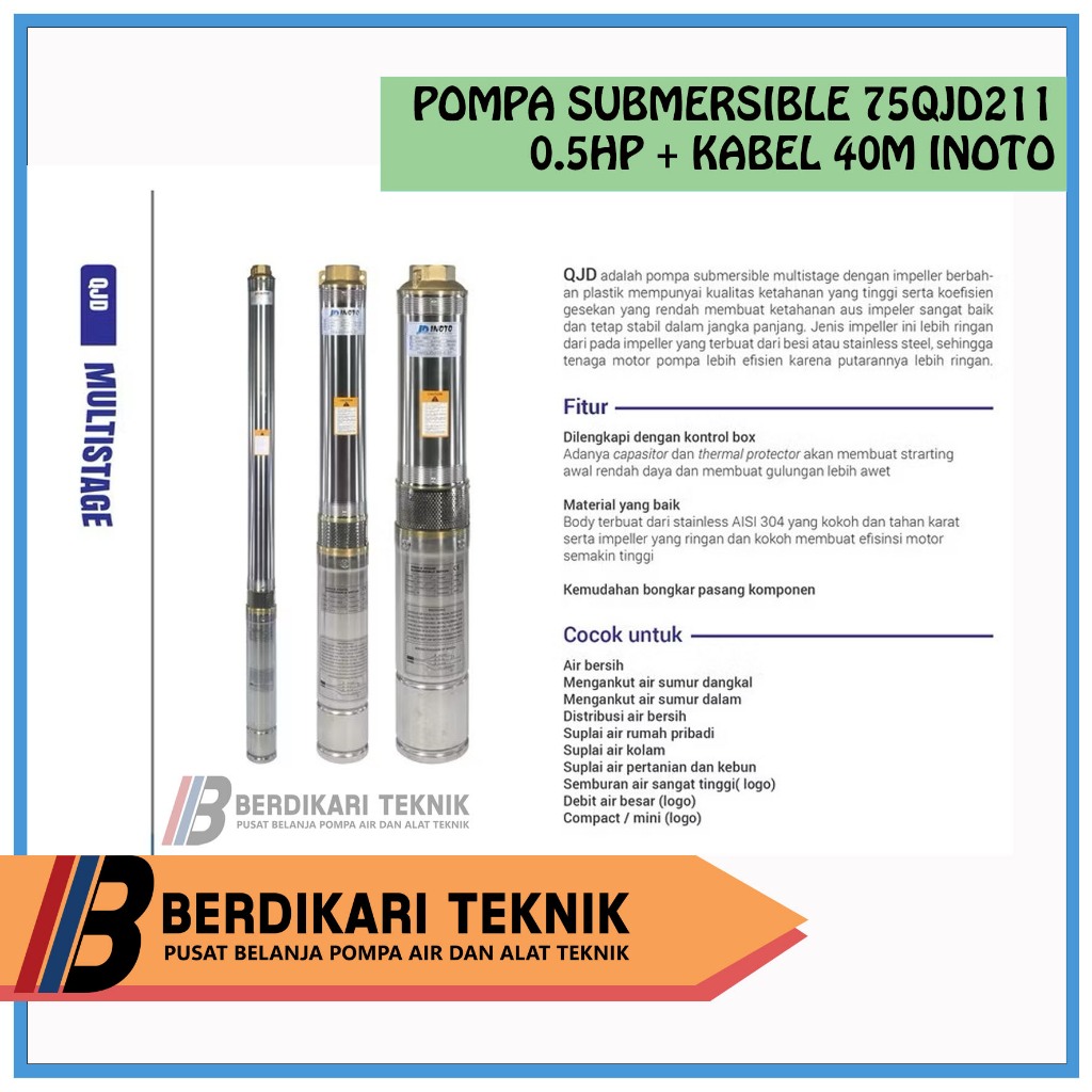 INOTO 3IN 211 0,5hp + kabel 40m pompa air submersible | 75QJD 312 0.5 hp 0,5 1/2 HP output 1 1/4 inc