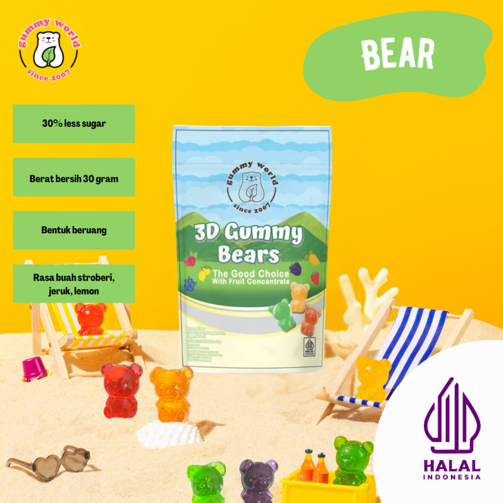 

Bites 3D Gummy Bears (Permen Jeli Rasa Stroberi, Lemon, Mangga, Jeruk, Anggur, Mixberi)