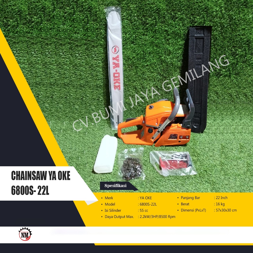MESIN GERGAJI KAYU / CHAINSAW YA-OKE 6800S - 22 INCH BAR LASER