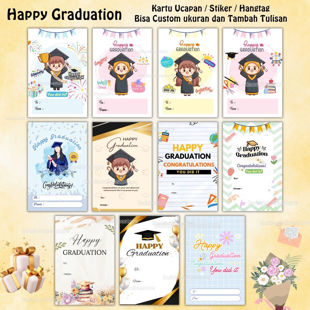 

Label Stiker Sticker / kartu Ucapan / hangtag Happy Graduation dekorasi kemasan wisuda kelululas kado gift buket bunga topper snack hadiah hiasan parcel hampers kotak dus box