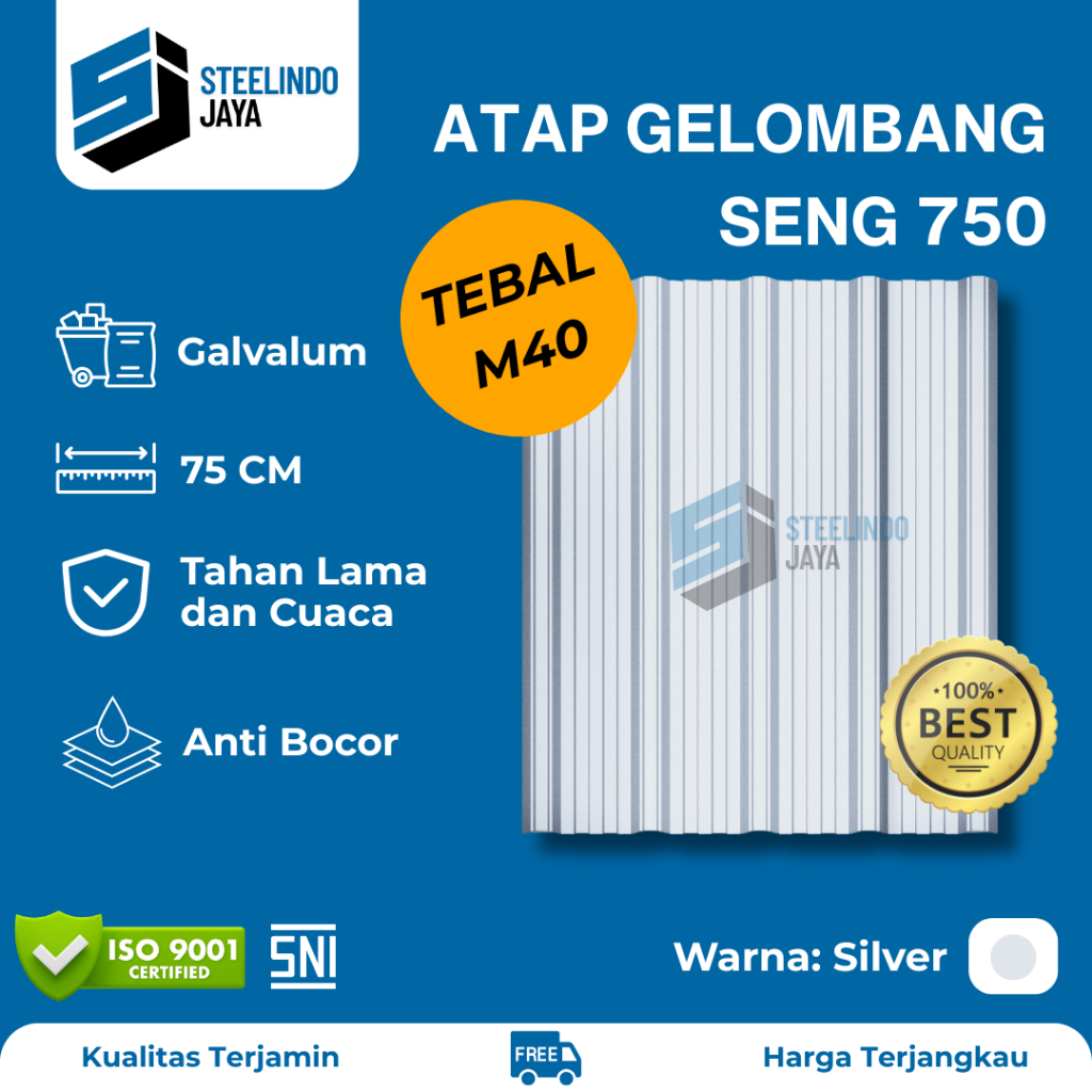 Atap Seng Gelombang Galvalum Silver Lebar 750mm Tebal 0,40mm (M040) Panjang 1 - 6 Meter
