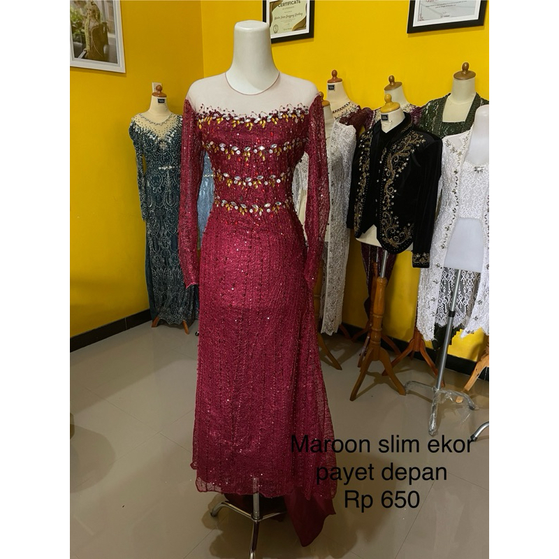 kebaya pengantin slim dress maroon
