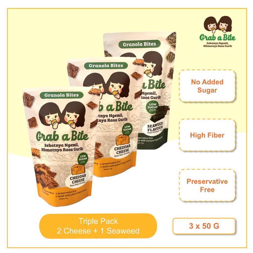 

GRAB A BITE (Triple Pack) - 2 Cheddar Cheese + 1 Seaweed | Granola Bites Snack Sehat Gurih Asin | Camilan Diet Rendah Kalori | Rasa Gurih Asin Renyah