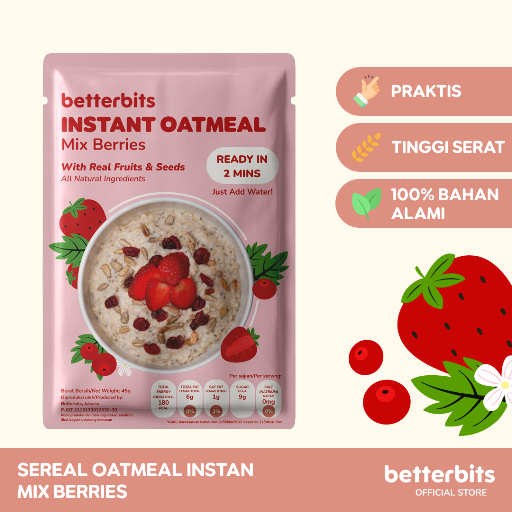 

Betterbits Oatmeal Instan - Mix Berries | Sarapan Sehat & Praktis | Whole Grain Sereal Sachet Rendah Kalori | 45g