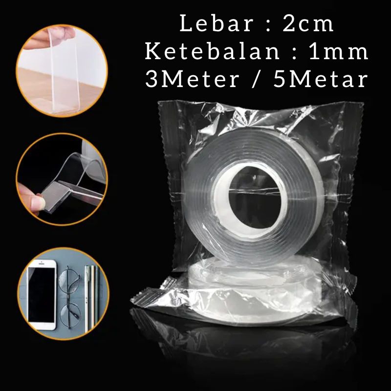 

3ROLL Double Tape Nano Selotip Bening Dua Sisi Transparan Serbaguna 1mmx2cm 5Meter / 3Metee 3ROLL