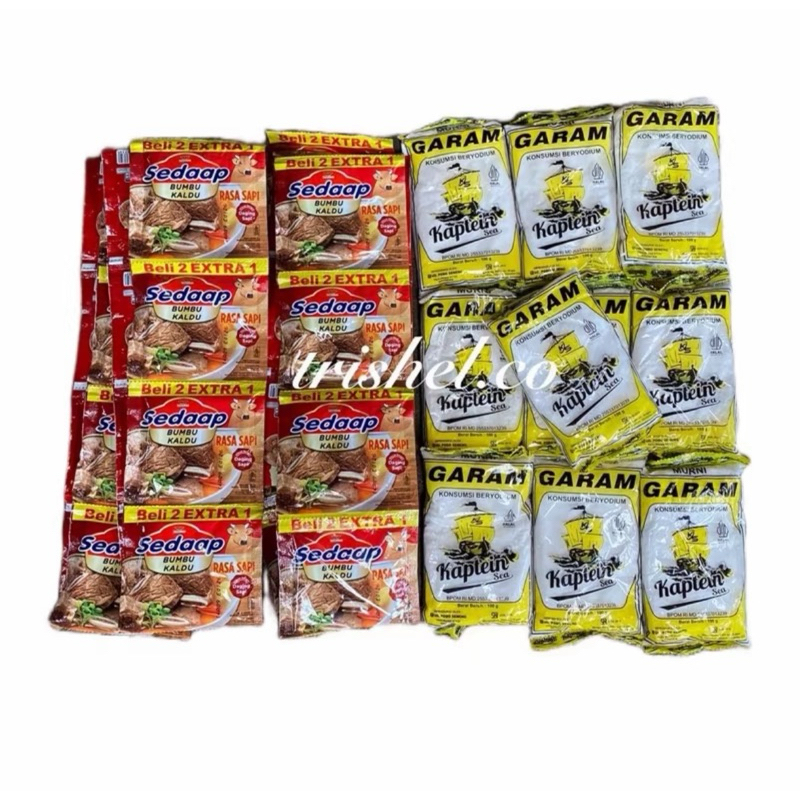 

[paket promo 10pcs garam+18pcs kaldu sedaap]10pcs garam halus kemasan 100gram+18pcs kaldu sedaap penyedap masakan paket promo bumbu masak