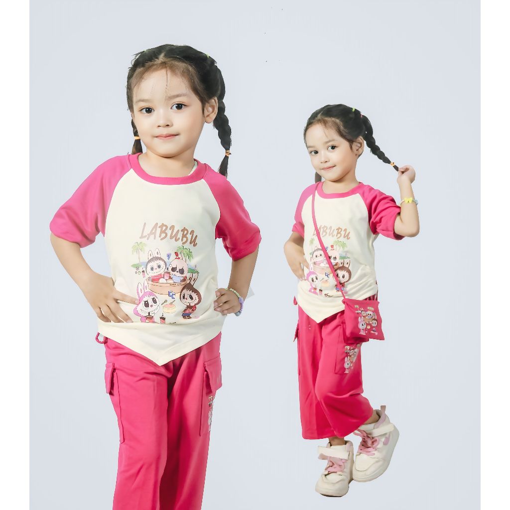 Setelan viral anak perempuan 2 - 10 tahun, baju setelan labubu viral anak, baju anak perempuan