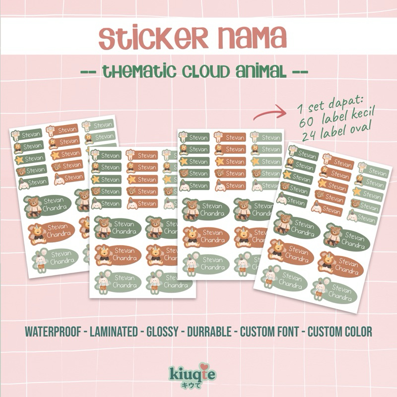 

Sticker Nama Custom Tematik Cloud Animal label buku botol waterproof