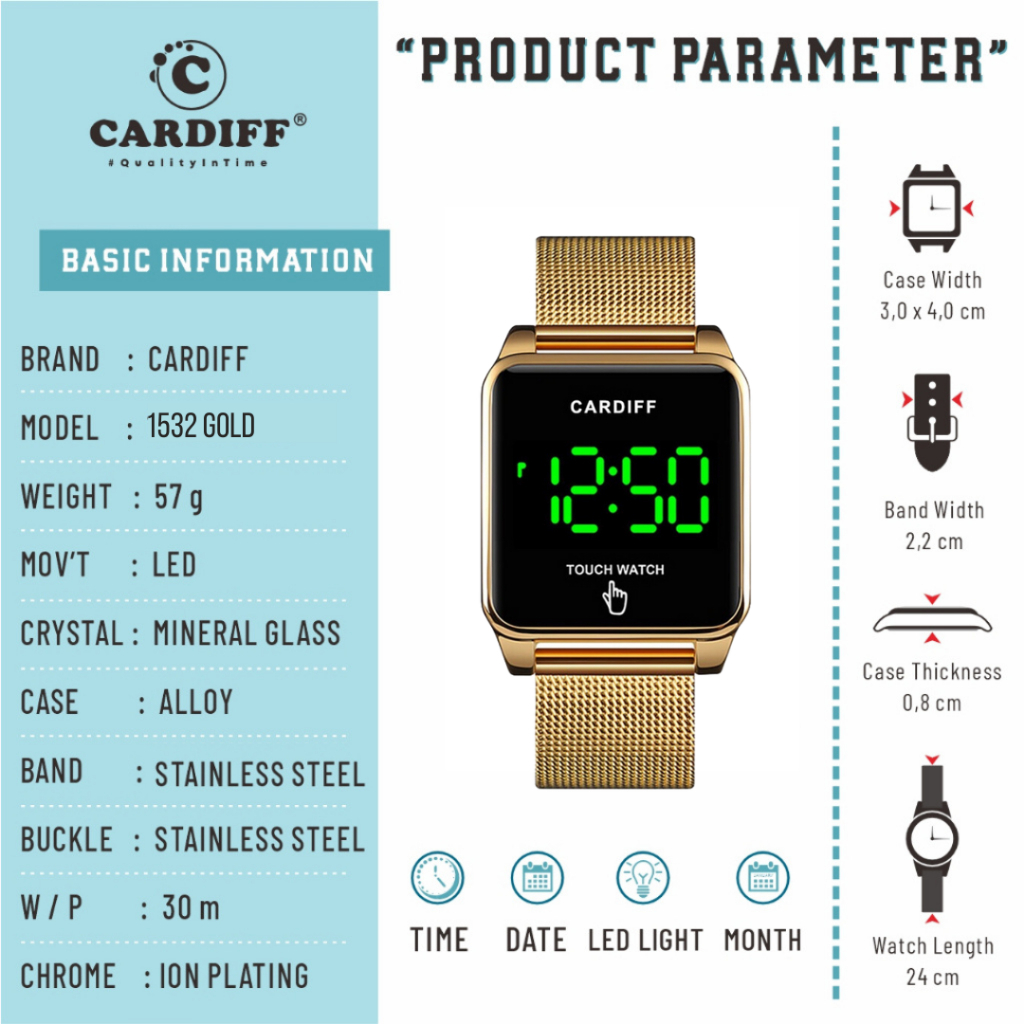 WTT CARDIFF Jam tangan LED touch screen sport pria wanita 1532 Stainless Rantai Tahan Air  unisex
